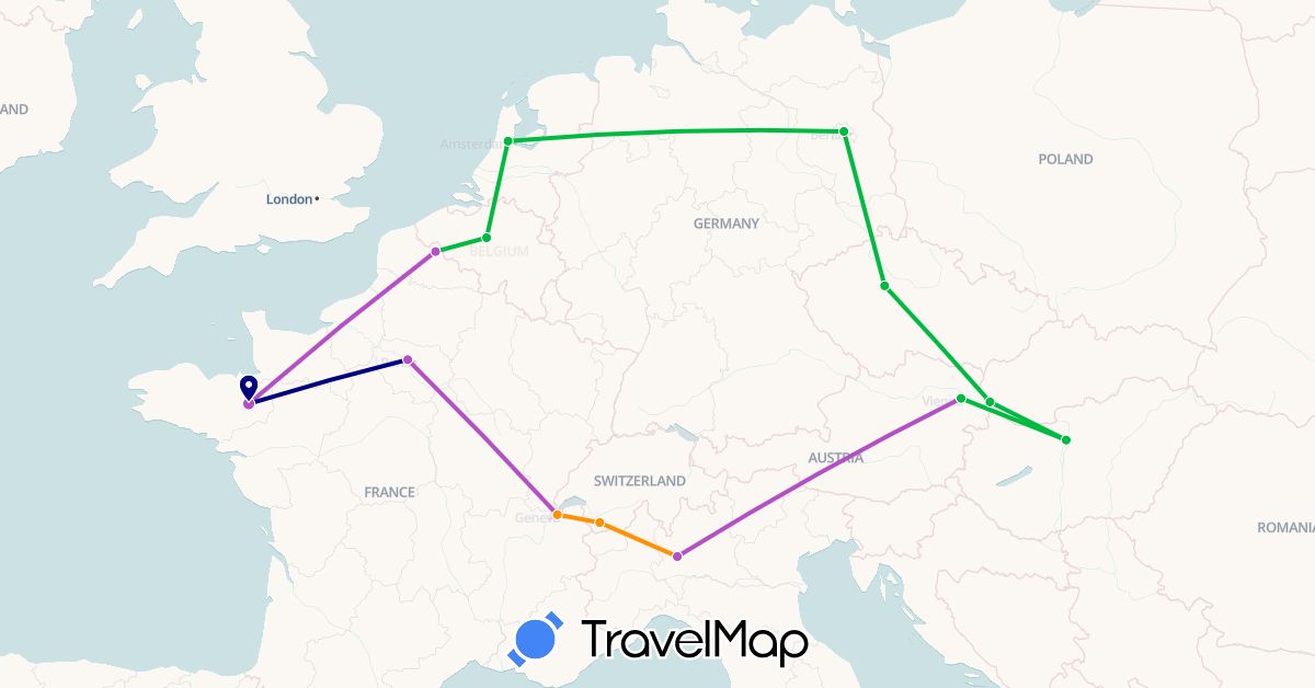 TravelMap itinerary: driving, bus, train, hitchhiking in Austria, Belgium, Switzerland, Czech Republic, Germany, France, Hungary, Italy, Netherlands, Slovakia (Europe)
